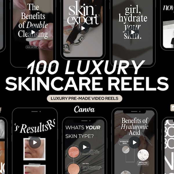 May include: A collection of 100 pre-made video reels for skincare businesses. The reels feature text overlays with phrases like "skin expert", "girl, hydrate your skin", and "Benefits of Hyaluronic Acid". The reels are designed for use on social media platforms like Instagram and TikTok.