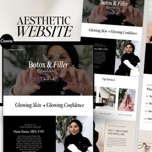 Op de afbeelding: Esthetisch website-ontwerp met de tekst "Botox & Filler" en "Glowing Skin • Glowing Confidence". Het ontwerp bevat afbeeldingen van medische spa-diensten en een professionele vrouw. De website is gemaakt met Canva.