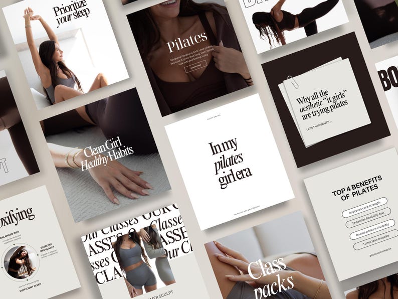 Pilates Instagram templates, Canva templates, Pilates studio posts, fitness branding, customizable designs, exercise tutorials, motivational quotes, Pilates class promotion, social media marketing, professional Instagram feed, fitness influencers, client testimonials, cohesive branding, Pilates journey, health and wellness, time-saving templates, Pilates exercises, promotional posts, fitness education, Pilates tips, self-care content. aesthetic social media templates, pilates girlie, pinterest
