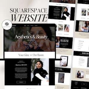 May include: A black and white website design for an aesthetics and beauty med spa. The website features a photo of a woman's hands holding a syringe, a photo of a woman with a hijab, and the text "Your Glow - Our Passion".