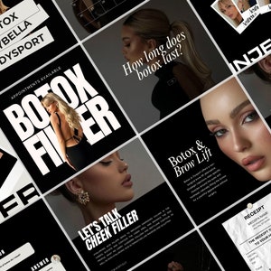 Puede incluir: Un collage de imágenes que promocionan inyecciones cosméticas, incluyendo Botox, rellenos y levantamientos de cejas. Las imágenes presentan modelos con diferentes rasgos faciales y expresiones, junto con texto que destaca los beneficios de estos tratamientos. El texto incluye frases como "Botox y levantamiento de cejas", "Hablemos de rellenos de mejillas" y "¿Cuánto dura el Botox?"