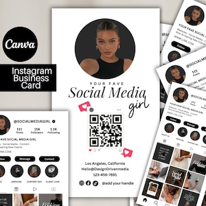 Modelo de cartão de visita do Instagram, cartão de visita, modelo de mídia social, modelos estéticos, cartão de visita com código QR, modelo Canva, beleza