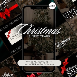 Puede incluir: Una colección de 40 publicaciones y stories de Instagram de lujo y estética para Navidad y Año Nuevo. Las imágenes presentan una variedad de temas festivos, que incluyen un árbol de Navidad, tarjetas de regalo y ventas navideñas.