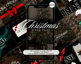 May include: A collection of 40 luxury and aesthetic Instagram posts and stories for Christmas and New Year's. The images feature a variety of festive themes, including a Christmas tree, gift cards, and holiday sales.