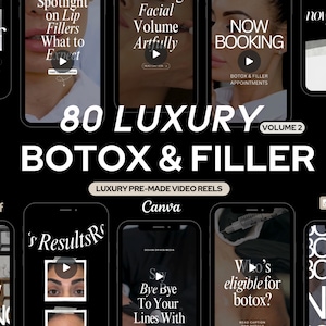 May include: A collage of images promoting Botox and filler treatments. The images feature various before and after photos, as well as text that reads "80 LUXURY BOTOX & FILLER", "NOW BOOKING", "Facial Volume Artfully", "Spotlight on Lip Fillers What to Expect", "Who's eligible for Botox?" and "Bye Bye To Your Lines With".