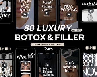 Può includere: Un collage di immagini che promuovono i trattamenti di Botox e filler. Le immagini mostrano diverse foto prima e dopo, nonché testo che recita "80 LUXURY BOTOX & FILLER", "NOW BOOKING", "Facial Volume Artfully", "Spotlight on Lip Fillers What to Expect", "Who's eligible for Botox?" e "Bye Bye To Your Lines With".