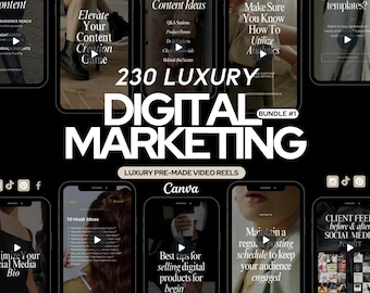 May include: A black and white graphic design with the text "230 LUXURY DIGITAL MARKETING" and the text "LUXURY PRE-MADE VIDEO REELS". The graphic design features several images of mobile phone screens with video reels for digital marketing tips. The text on the screens includes "Elevate Your Content Creation Game", "Content Ideas", "Make Sure You Know How To Utilize Analytics", "Optimize Your Social Media Bio", "10 Hook Ideas", "Best Tips for Selling Digital Products for Begin", "Maintain a Regular Posting Schedule to Keep Your Audience Engaged", and "Client Feed Before & After Social Media Results".