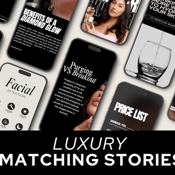 May include: A collection of black and white mobile phone screens with text and images related to skincare. The text includes "Benefits of a Diamond Glow", "Purging vs Breakout", "Facial After Care", "Drinking More Water to Hydrate Your Skin", and "Price List".