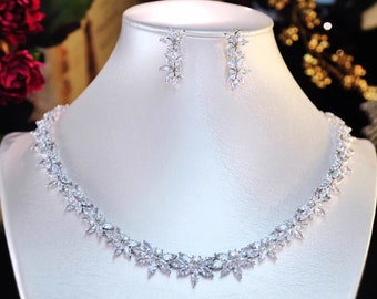 Handmade Beautiful Bridal Earrings and Necklace Set Ellie Design with Simulated Diamonds, 3A Cubic Zircons