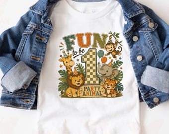 Custom Retro Fun to be 1 jungle party animals kingdom birthday boy shirt, Safari first bday boy outfit with name, Wild One baby zoo theme
