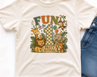 Custom Retro Fun to be 1 jungle party animals kingdom birthday boy shirt, Safari first bday boy outfit with name, Wild One baby zoo theme