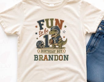Custom Retro Fun to be 1 toddler dinosaur football birthday shirt, One rex dino birthday boy shirt, first year down