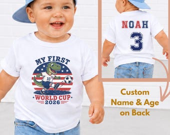 Custom 2026 Soccer Shirt kids first world cup tees, Dinosaur soccer shirt toddler red white blue