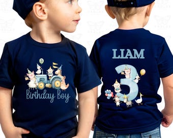 Camiseta de cumpleaños de tractor de animales de granja personalizada delantera y trasera para niños pequeños personalizada con nombre y edad