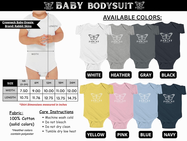 Puede incluir: Body de beb&eacute; en varios colores, incluyendo blanco, gris jaspeado y marino. El dise&ntilde;o presenta un gr&aacute;fico de mariposa y el texto "PARLAY APPAREL". Tallas disponibles desde reci&eacute;n nacido hasta 24 meses. Fabricado en 100% algod&oacute;n.