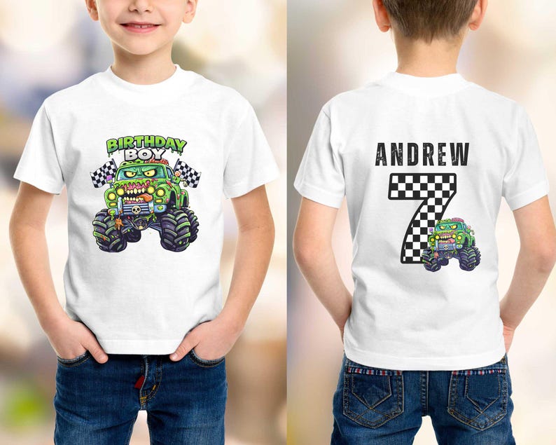 May include: White t-shirt with a green monster truck design and the words "BIRTHDAY BOY" and chequered flags. The back shows the name "ANDREW" above a chequered number 7 and a smaller monster truck graphic.