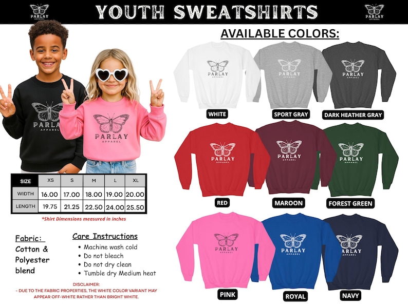 May include: Youth sweatshirts with a butterfly design are available in various colours. The image shows a black and pink sweatshirt with the word "PARLAY" and a butterfly graphic. Available colours include white, sport grey, dark heather grey, red, maroon, forest green, pink, royal, and navy.