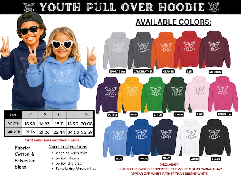 May include: Youth pull-over hoodies in various colours, featuring a butterfly design. Available colours include sport grey, dark heather, orange, red, maroon, purple, gold, green, forest, pink, heliconia, blue, royal, navy, white, and black. Widths range from 40.59 to 51.00 cm.