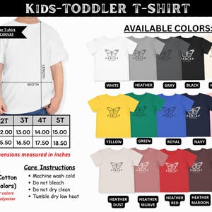Puede incluir: Variedad de camisetas de cuello redondo para ni&ntilde;os en varios colores, incluyendo blanco, gris jaspeado y rosa. Las camisetas presentan un dise&ntilde;o de mariposa y est&aacute;n disponibles en tallas 2T a 5T, con anchos de 30,48 a 38,10 cm y largos de 39,37 a 46,99 cm. Marca: Bella Canvas.