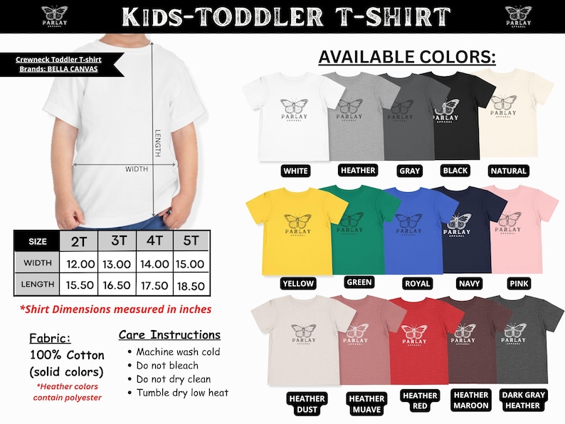 Puede incluir: Variedad de camisetas de cuello redondo para ni&ntilde;os en varios colores, incluyendo blanco, gris jaspeado y rosa. Las camisetas presentan un dise&ntilde;o de mariposa y est&aacute;n disponibles en tallas 2T a 5T, con anchos de 30,48 a 38,10 cm y largos de 39,37 a 46,99 cm. Marca: Bella Canvas.