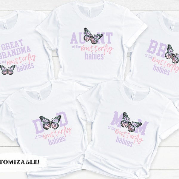 Lilac Butterfly Babies Shower shirts, Matching Twin baby shower T shirts, Butterfly Gender Reveal Shirts, Butterfly Family Shirts