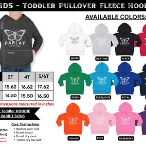 May include: Toddler fleece hoodies in a range of colours, with a butterfly design and "PARLAY APPAREL" text. Sizes 2T, 4T, and 5/6T are available, with widths from 39.67 cm to 44.75 cm and lengths from 36.83 cm to 41.91 cm. Crew neck style.