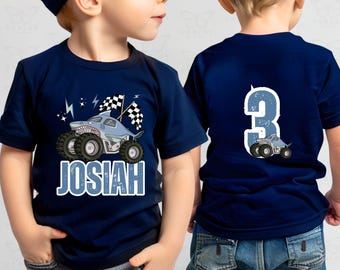 Shark Monster truck birthday shirt for boys, jersey style birthday shirt with name, birthday boy shirts Front and back shark monster trucks
