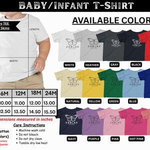 May include: Baby t-shirts in a range of colours, such as white, red, and blue. The shirts display a butterfly graphic and are available in sizes 6M to 24M. Shirt dimensions are measured in inches.