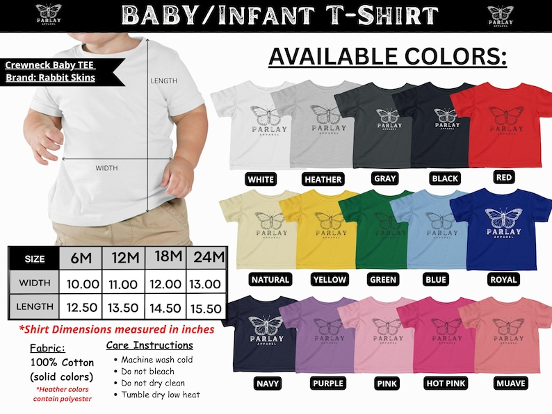 May include: Baby t-shirts in a range of colours, such as white, red, and blue. The shirts display a butterfly graphic and are available in sizes 6M to 24M. Shirt dimensions are measured in inches.