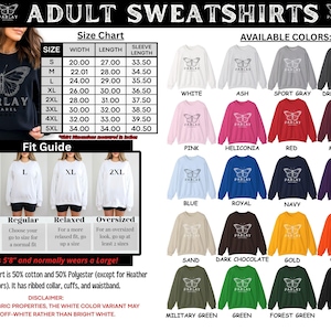 May include: Black sweatshirt with a butterfly graphic and the text "PARLAY APPAREL". The image includes a size chart with measurements in inches, a fit guide, and available colours such as white, pink, and blue.
