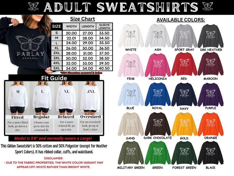 May include: Black sweatshirt with a butterfly graphic and the text "PARLAY APPAREL". The image includes a size chart with measurements in inches, a fit guide, and available colours such as white, pink, and blue.