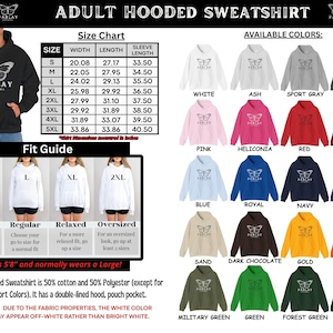 May include: Black hooded sweatshirt with a butterfly graphic and the text "PARLAY APPAREL". The image includes a size chart, colour options, and a fit guide. Available colours include white, pink, and blue.