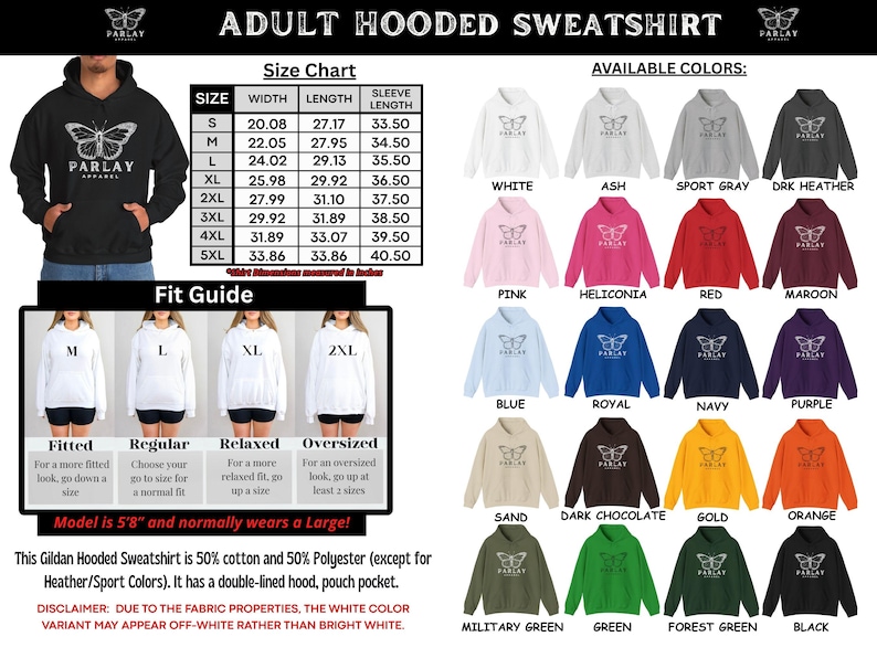 May include: Black hooded sweatshirt with a butterfly graphic and the text "PARLAY APPAREL". The image includes a size chart, colour options, and a fit guide. Available colours include white, pink, and blue.