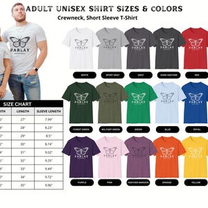 Puede incluir: Una variedad de camisetas unisex de manga corta y cuello redondo en varios colores, incluyendo blanco, gris, rojo y negro. Cada camiseta presenta un gr&aacute;fico de mariposa y el texto "PARLAY APPAREL". Tambi&eacute;n se incluye una tabla de tallas.