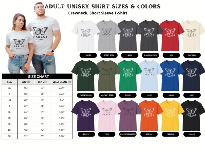 Puede incluir: Una variedad de camisetas unisex de manga corta y cuello redondo en varios colores, incluyendo blanco, gris, rojo y negro. Cada camiseta presenta un gr&aacute;fico de mariposa y el texto "PARLAY APPAREL". Tambi&eacute;n se incluye una tabla de tallas.