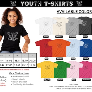 May include: Black youth t-shirt with a butterfly graphic and the text "PARLAY APPAREL". The image shows various t-shirt colours, including white, red, orange, and blue. Shirt dimensions are measured in inches.