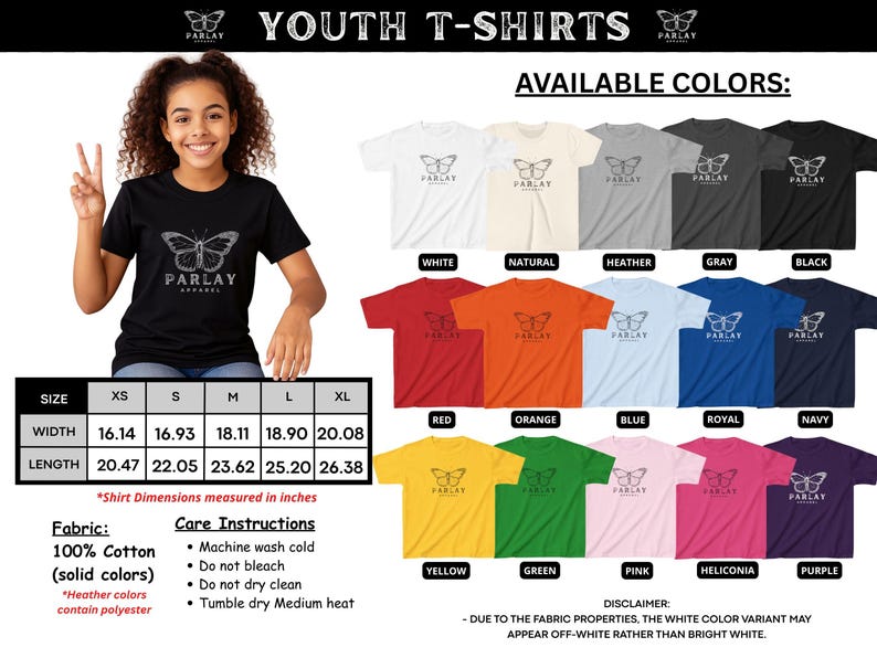 May include: Black youth t-shirt with a butterfly graphic and the text "PARLAY APPAREL". The image shows various t-shirt colours, including white, red, orange, and blue. Shirt dimensions are measured in inches.