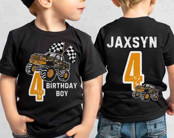 Monster truck birthday shirt for boys, jersey style birthday shirt with name, birthday boy shirts camo monster trucks