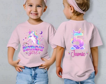 Girls magical Neon Rainbow unicorn birthday shirt personalized with name and age on back of t-shirt, 5th Birthday Shirt girls
