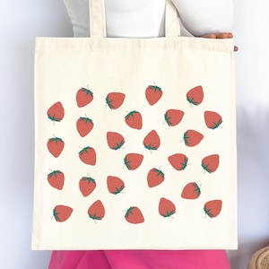 Strawberry Tote Bag Strawberry Lover Gift Spring Tote Shopper Summer Bag Eco Friendly Bag Reusable Grocery Tote Cute Tote Farmers Market Bag