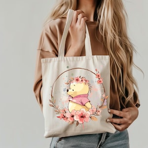 Winnie The Pooh Tote Bag, Flowers Tote Bag, Bear Tote Bag gift, Cute Tote Bag, Casual Disney Tote Bag, Pooh Lover Bag Gift, Custom Tote Bag