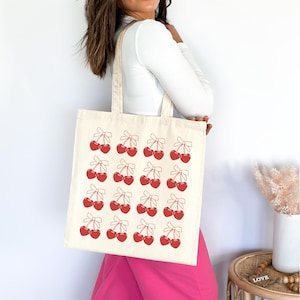 Red Cherry Tote Bag, Cute Small Cherry Market Bag, Cherry Shoulder Tote Bag, Eco Friendly Grocery Bag, Aesthetic Bag, Handmade Tote Bag Gift