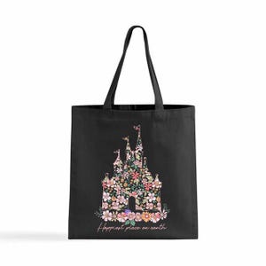 Disney Happiest Place on Earth Tote Bag, Custom Tote Bag, Disney Tote Bag, Disney Castle Tote Bag Gift, Flower Castle Tote Bag Gift For Her