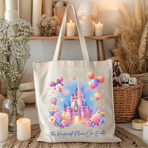 Disney Happiest Place on Earth Tote Bag, Disney Castle Tote Bag Gift, Custom Tote Bag, Disney Tote Bag, Mickey Castle Tote Bag Gift For Her