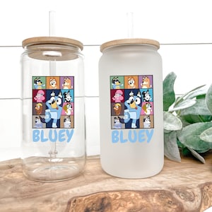 Blue Dog and Bingo Dancing Glass Can, Custom Iced Coffee Cup with Straw, Blue Design, Blue Dancing Drink Glass, Christmas Gift for Daughters