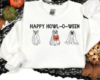 Happy Howl-O-Ween Sweater| Leuke Halloween-shirts voor hondenliefhebbers| Dog Mom Sweater| Trui met ronde hals voor dames