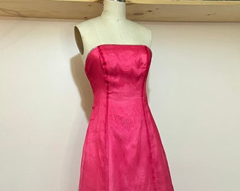 Vintage 1960s Strawberry Pink Satin Evening Gown w/ Rhinestone Trim