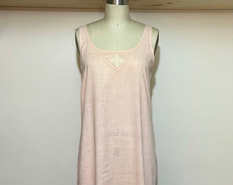 Antique / Vintage pink 1920s cotton flapper style slip dress w/ crochet details