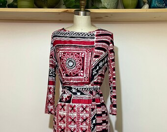 Vintage 60s Ruth Walter red, navy & white abstract block print textured knit dress w/ matching belt