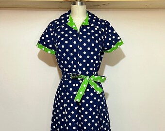 Vintage 60s posh by Jay Anderson navy and lime green polkadot dress